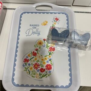 Dolly Parton Blue Butterfly Ceramic salt and pepper shakers plus tray
